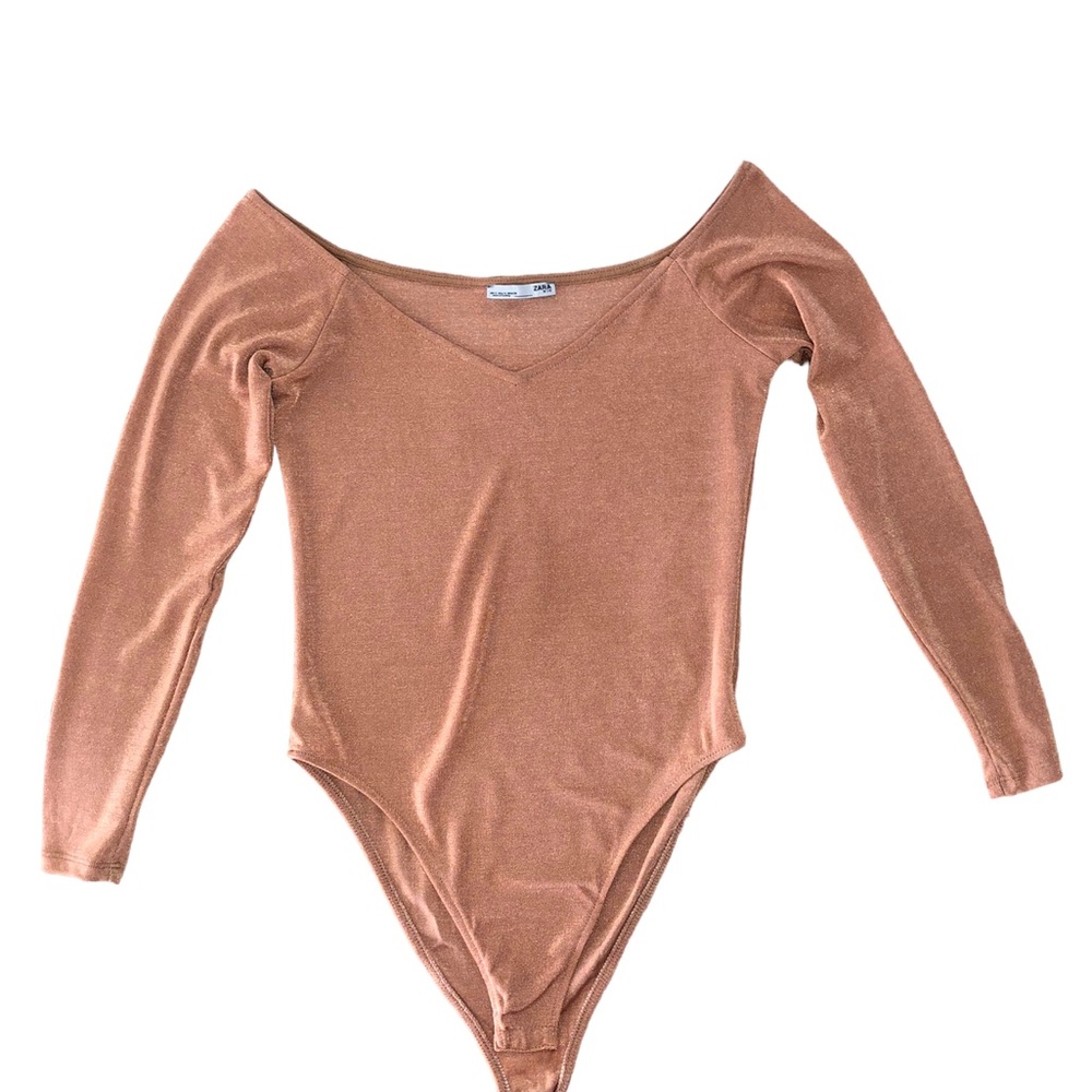 Zara Shimmer Golden-brown V-neck Long Sleeve Bodysuit Size S
